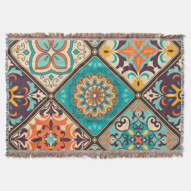 Colorful patchwork tile: Islamic motifs. Throw Blanket (Front)