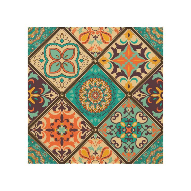 Colorful patchwork tile: Islamic motifs. Wood Wall Art (Front)