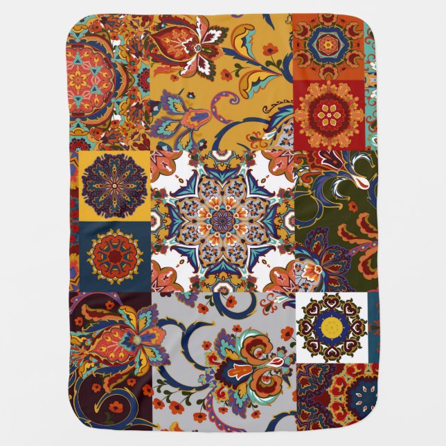 Colorful Patchwork Tile: Majolica Pottery Style Baby Blanket (Front)