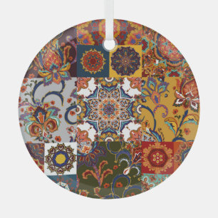 Colorful Patchwork Tile: Majolica Pottery Style Glass Ornament