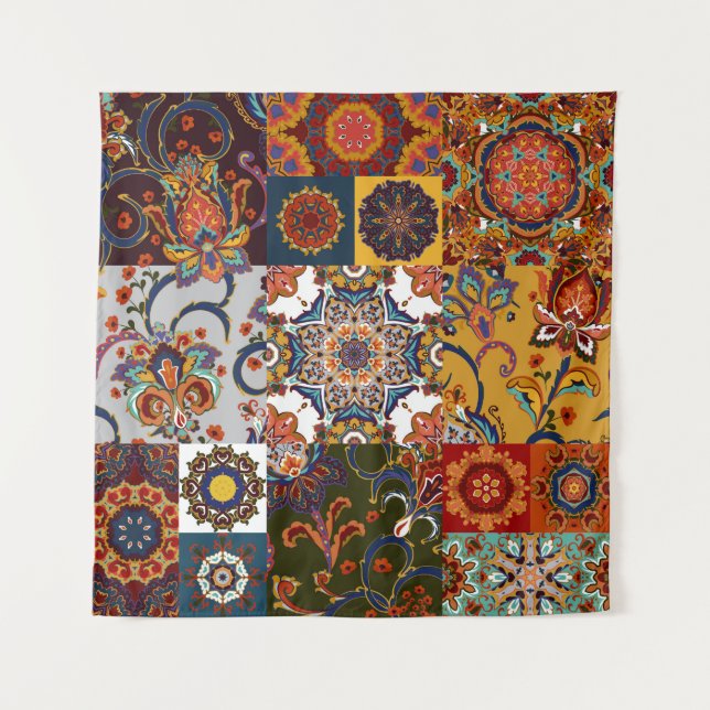 Colorful Patchwork Tile: Majolica Pottery Style Tapestry (Front)