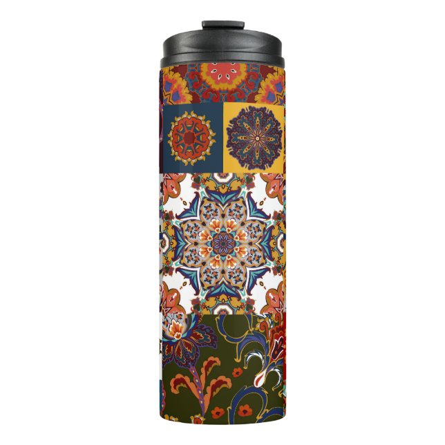 Colorful Patchwork Tile: Majolica Pottery Style Thermal Tumbler (Front)
