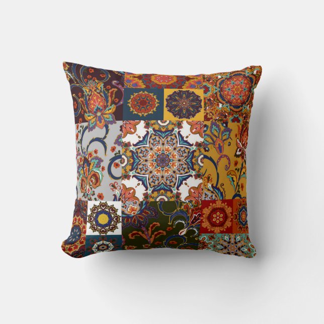 Colorful Patchwork Tile: Majolica Pottery Style Throw Pillow (Front)