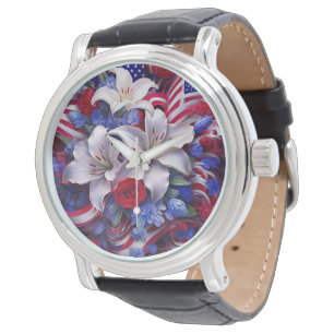 Colorful Patriotic Floral Design Graphic Watch