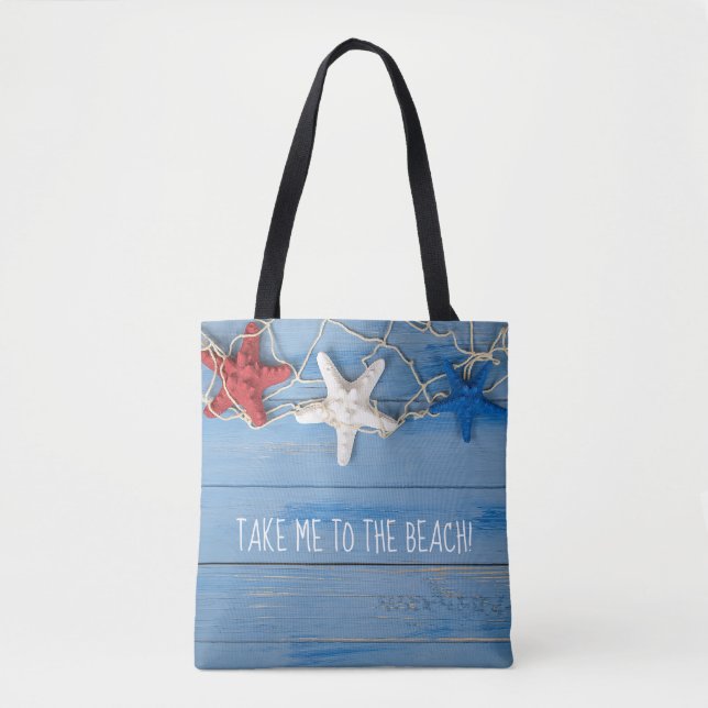 colorful patriotic starfish on wood with net tote bag (Front)
