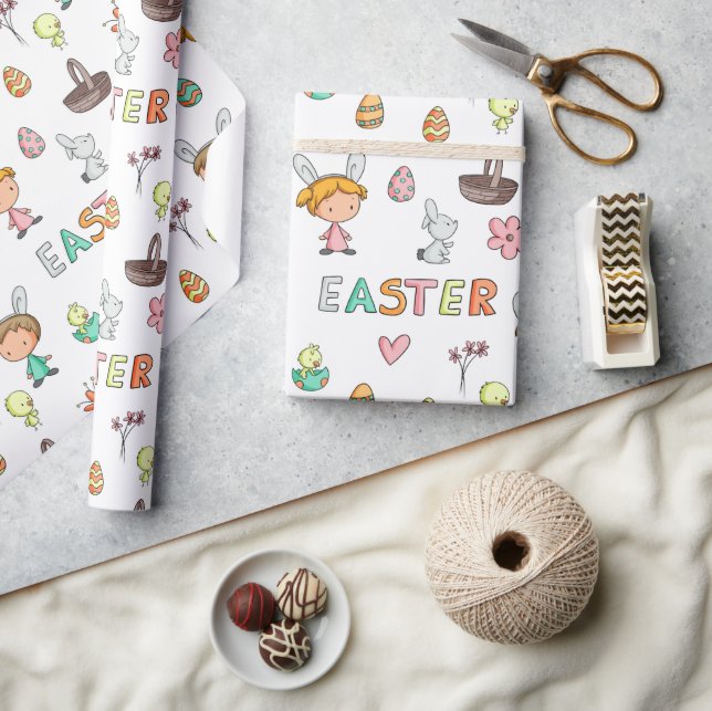 Colorful Pattern Bunnies Eggs Kids Easter Wrapping Paper (Crafts)