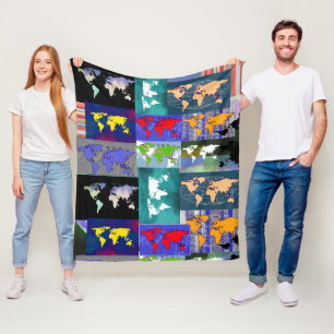 Colorful Pattern Mixed World Maps stamped allover Fleece Blanket