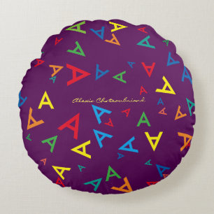 Colorful pattern of initials - personalized purple round pillow