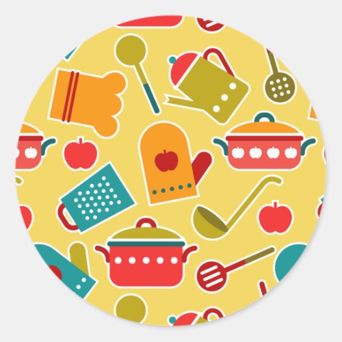 Colorful pattern of kitchen utensils classic round sticker