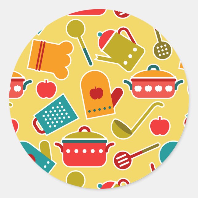 Colorful pattern of kitchen utensils classic round sticker (Front)