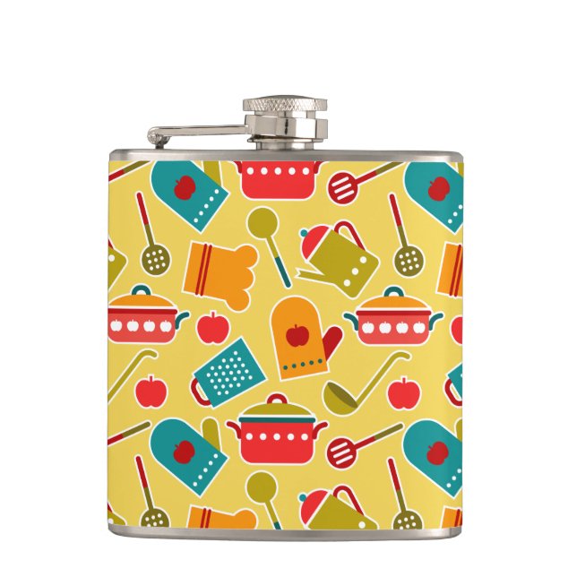 Colorful pattern of kitchen utensils hip flask (Front)