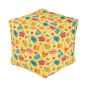 Colorful pattern of kitchen utensils pouf