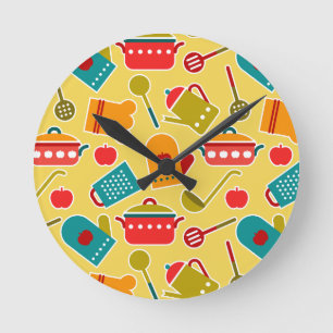 Colorful pattern of kitchen utensils round clock