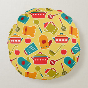 Colorful pattern of kitchen utensils round pillow