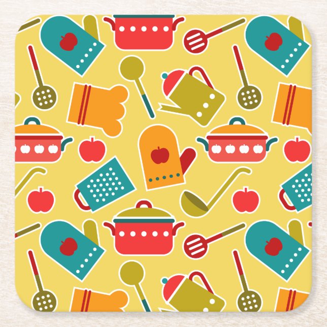 Colorful pattern of kitchen utensils square paper coaster (Front)