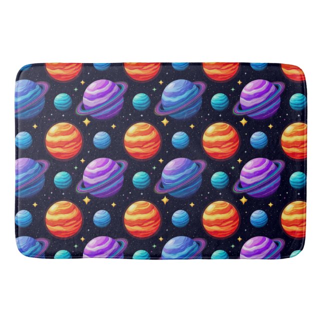 Colorful Pattern of Planets and Stars Bath Mat (Front)