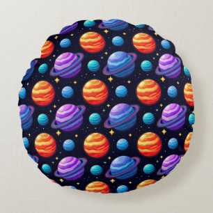 Colorful Pattern of Planets and Stars Round Pillow
