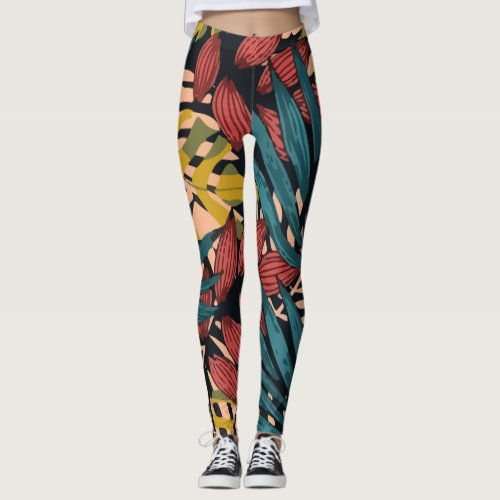 Colorful Pattern With Colorful Tropical Plants Lea Leggings