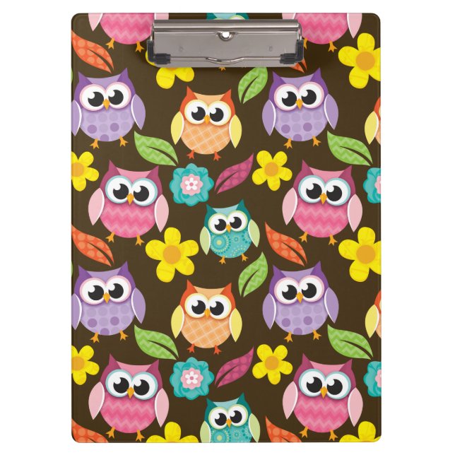 Colorful Patterned Owls and Flowers Clipboard (Front)
