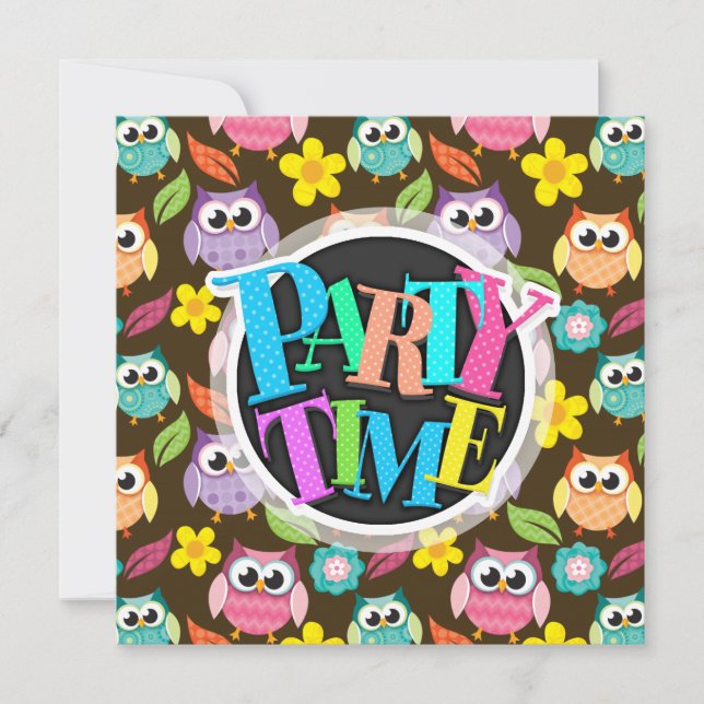 Colorful Patterned Owls and Flowers Invitation (Front)