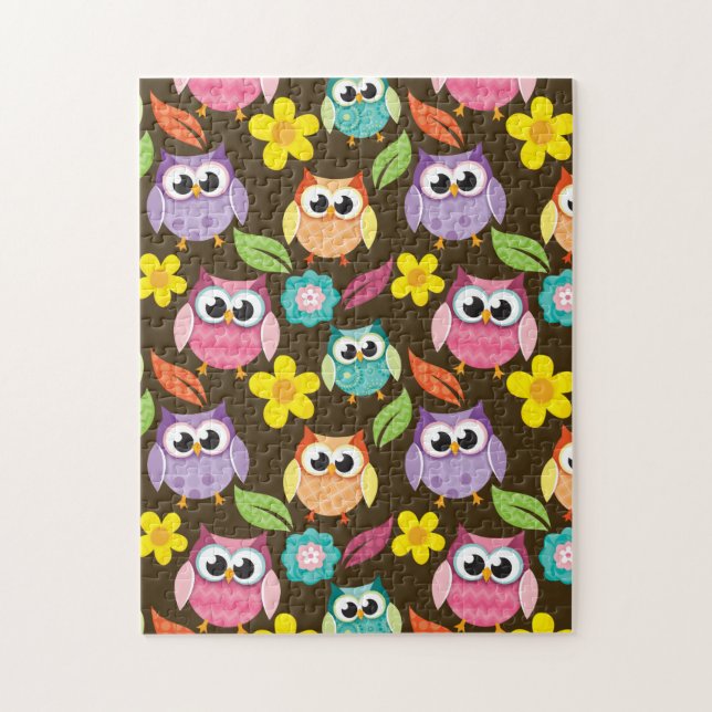 Colorful Patterned Owls and Flowers Jigsaw Puzzle (Vertical)