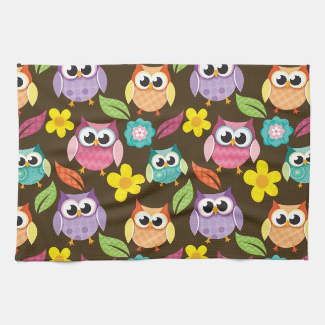 Colorful Patterned Owls and Flowers Towel (Horizontal)