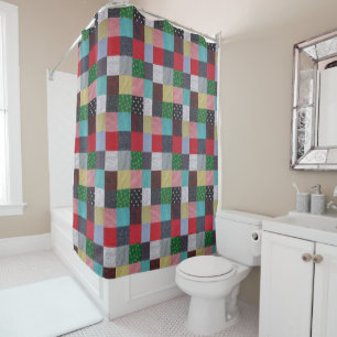 colorful patterned squares of patchwork shower curtain