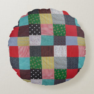 colorful patterned squares of vintage patchwork round pillow