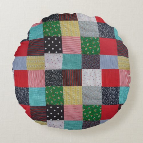 colorful patterned squares of vintage patchwork  round pillow