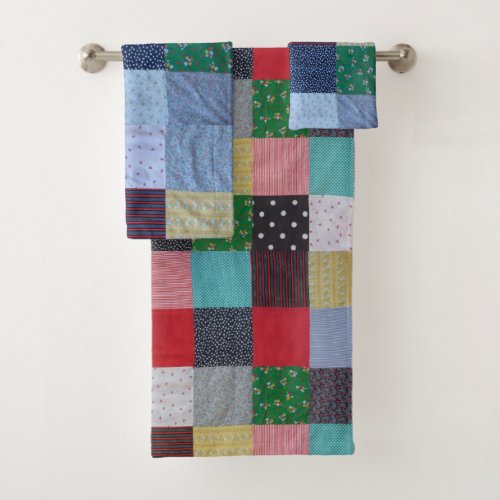 colorful patterned squares vintage patchwork bath towel set