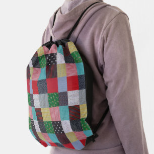 colorful patterned squares vintage patchwork drawstring bag