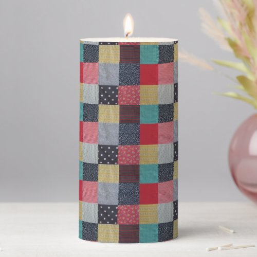 colorful patterned squares vintage patchwork pillar candle