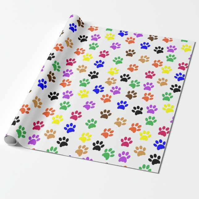 Colorful Paw Print Decoupage Wrapping Paper (Unrolled)