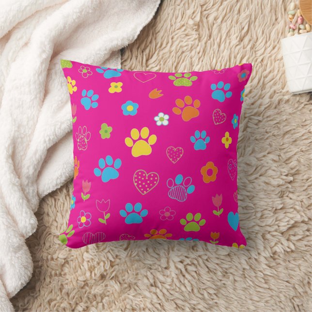 Colorful Paw Print, Heart, and Flower Pattern  Throw Pillow (Blanket)