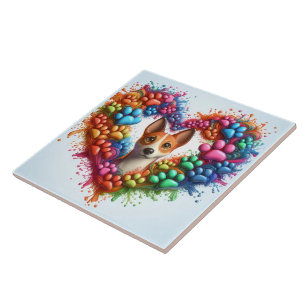 Colorful Paw Print Heart Design With a Playful Dog Ceramic Tile