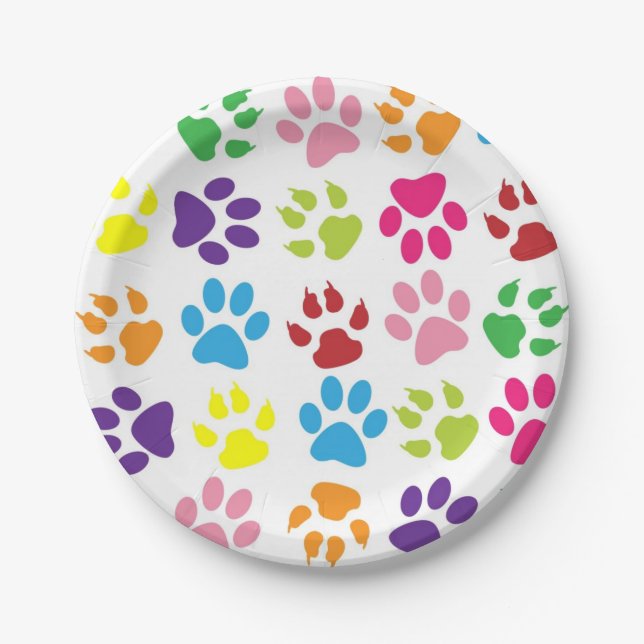 Colorful Paw Print Paper Plates (Front)
