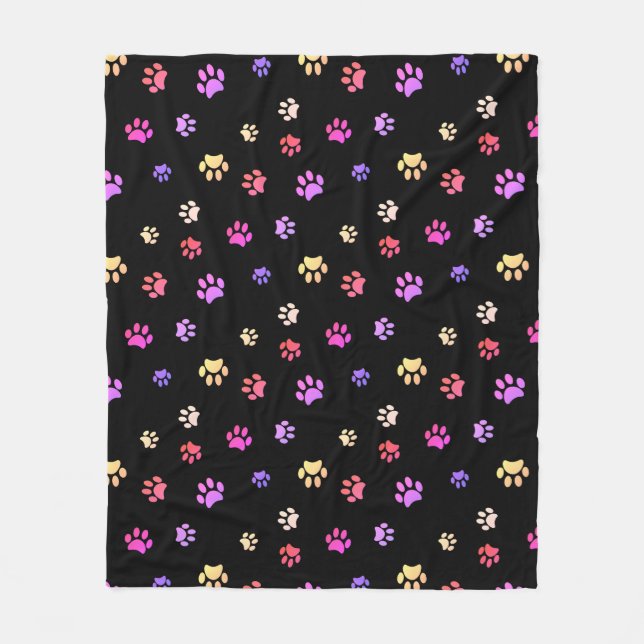 Colorful Paw Print Pattern on Black Fleece Blanket (Front)