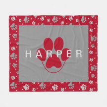 Colorful Paw Print Pattern Pet Name Red Fleece Pet
