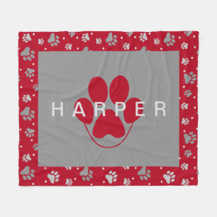 Colorful Paw Print Pattern Pet Name Red Fleece Pet