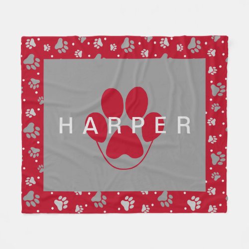 Colorful Paw Print Pattern Pet Name Red Fleece Pet