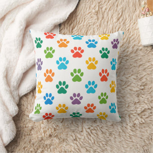 Colorful Paw Print Pattern Throw Pillow