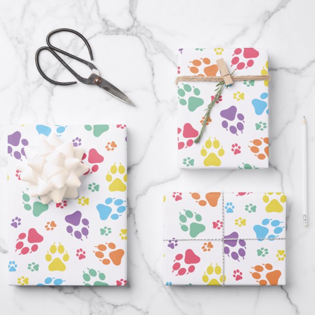 Colorful Paw Print Pattern Wrapping Paper Sheets (Front)