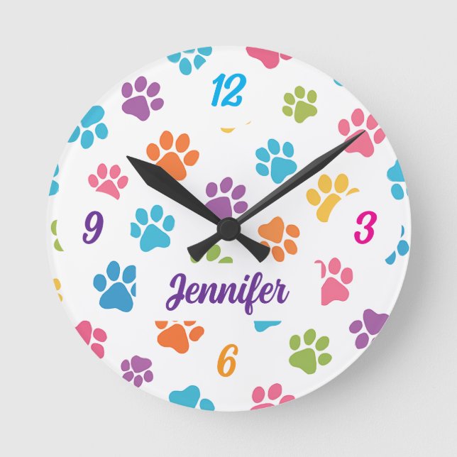 Colorful Paw Print Wall Clock with Custom Name  (Front)