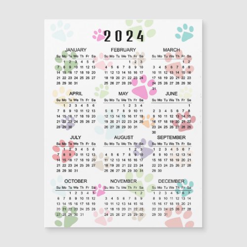 Colorful Paw Prints 2024 Calendar Magnetic Card