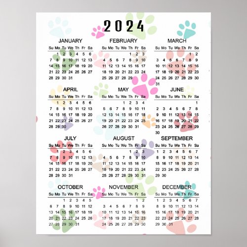 Colorful Paw Prints 2024 Wall Calendar