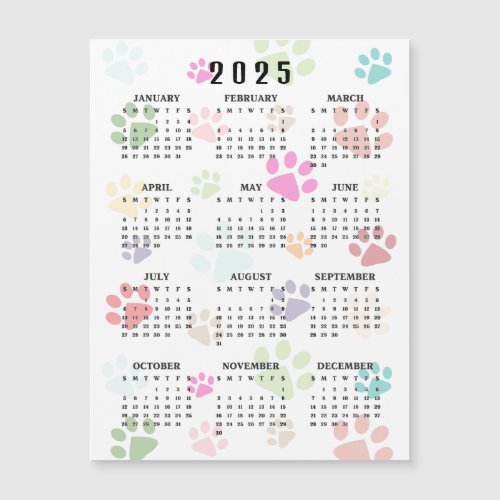 Colorful Paw Prints 2025 Calendar Magnetic Card