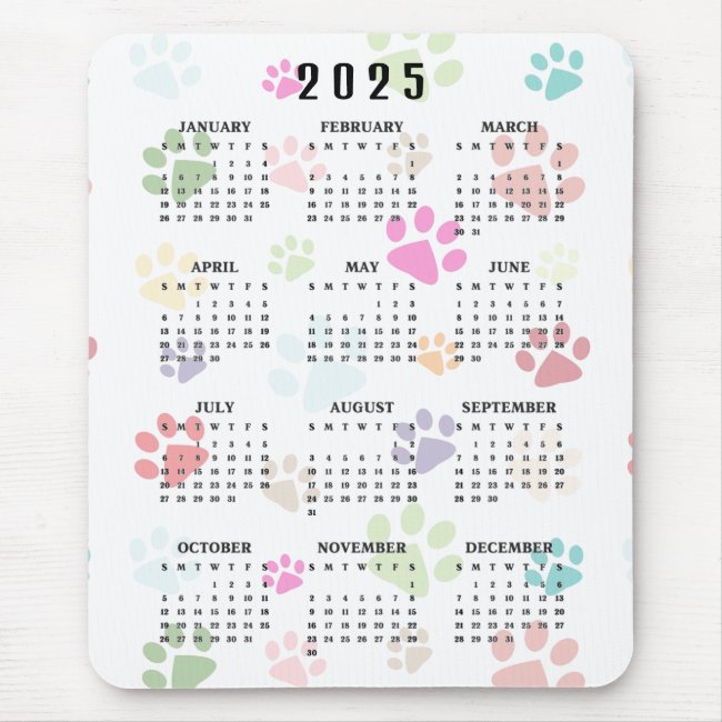 Colorful Paw Prints 2025 Calendar Mousepad