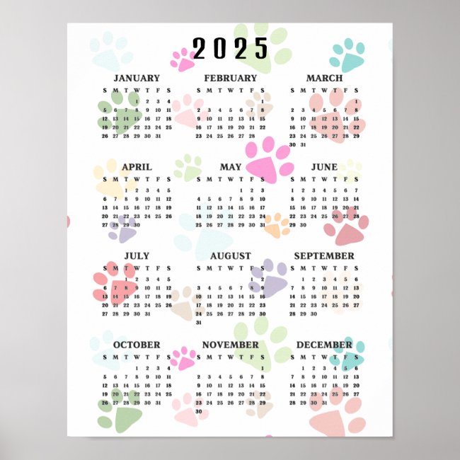 Colorful Paw Prints 2025 Wall Calendar