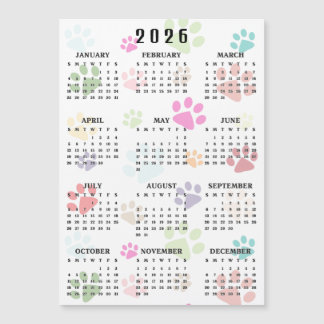 Colorful Paw Prints 2026 Calendar Magnetic Card