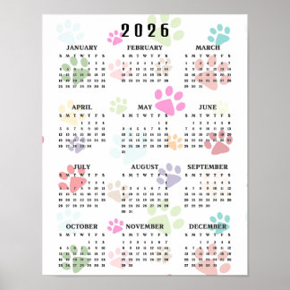 Colorful Paw Prints 2026 Wall Calendar